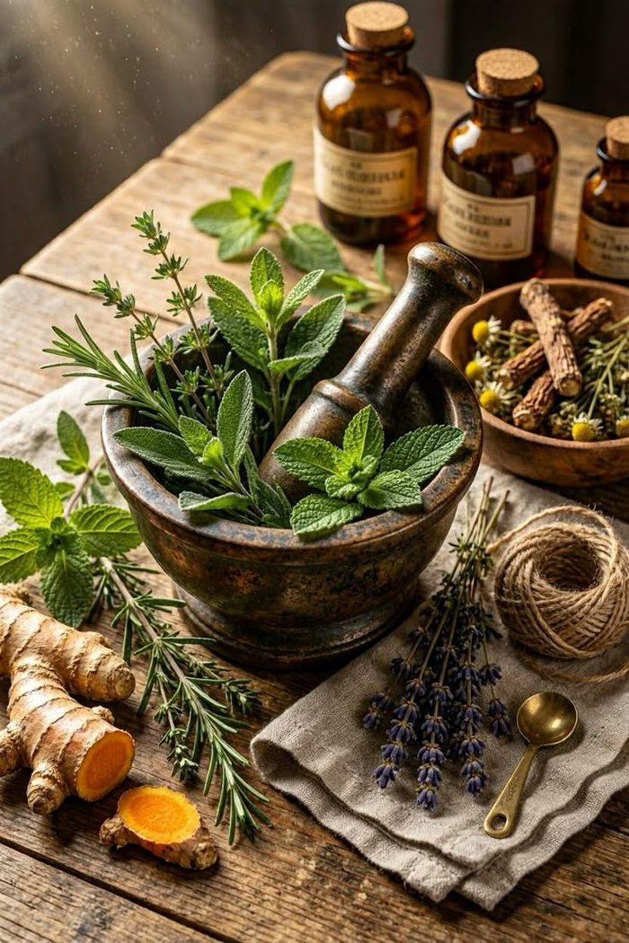 Mortar and pestle grinding fresh herbs