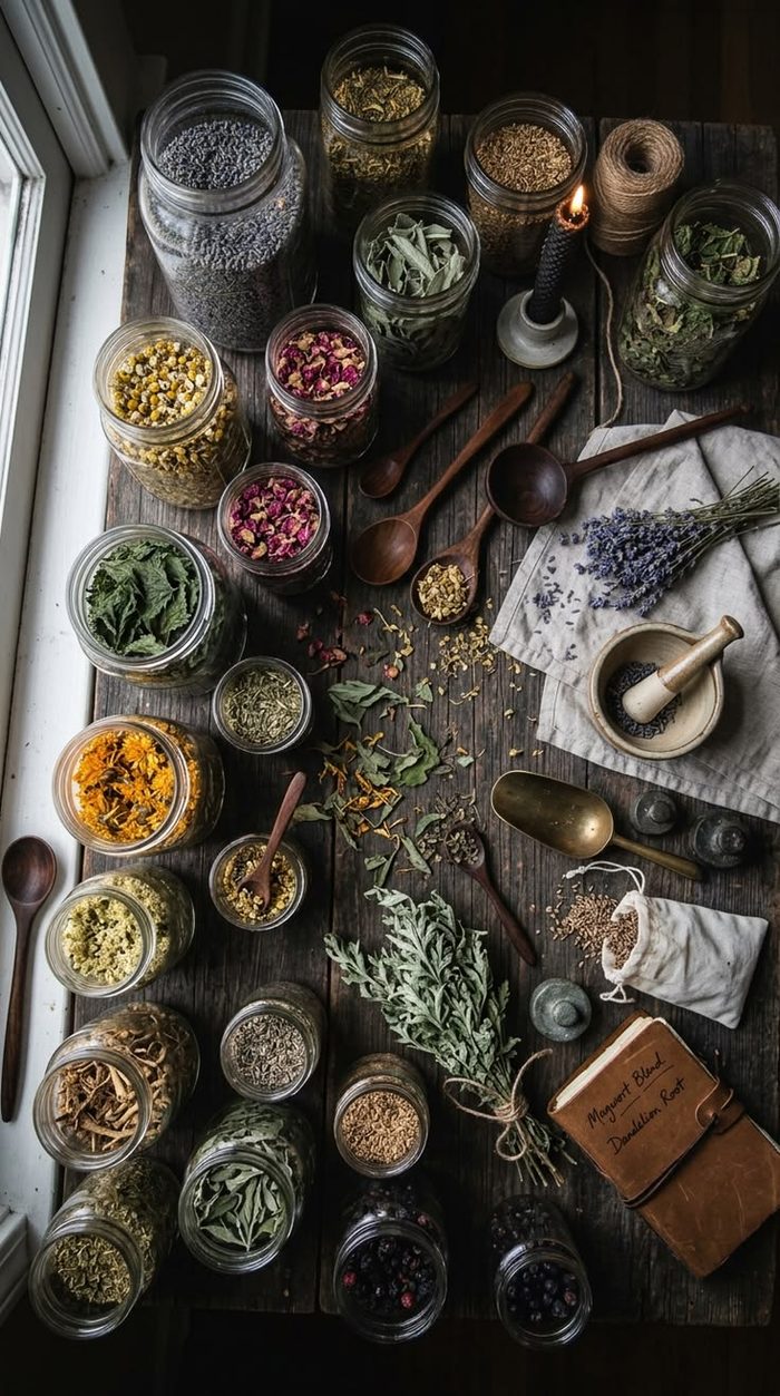 Dried herbs and tinctures in apothecary jars