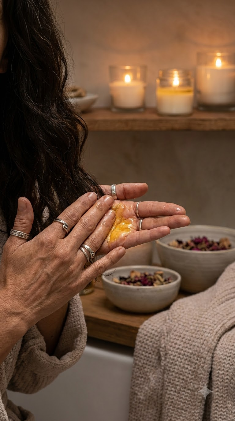 Hands preparing fresh organic botanical treatments with dried flower petals and ceramic bowls