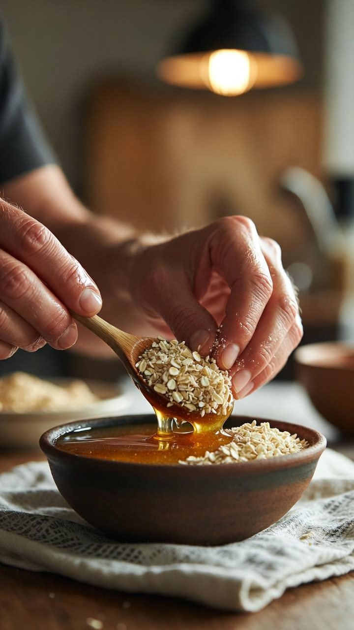 Golden raw honey drizzled into an earthen apothecary bowl surrounded by botanical remedies