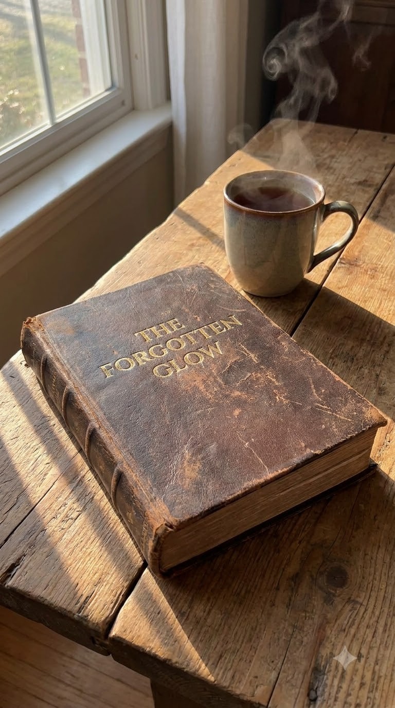 Vintage leather-bound copy of The Forgotten Glow on a rustic sunlit wooden table next to a steaming cup of herbal tea
