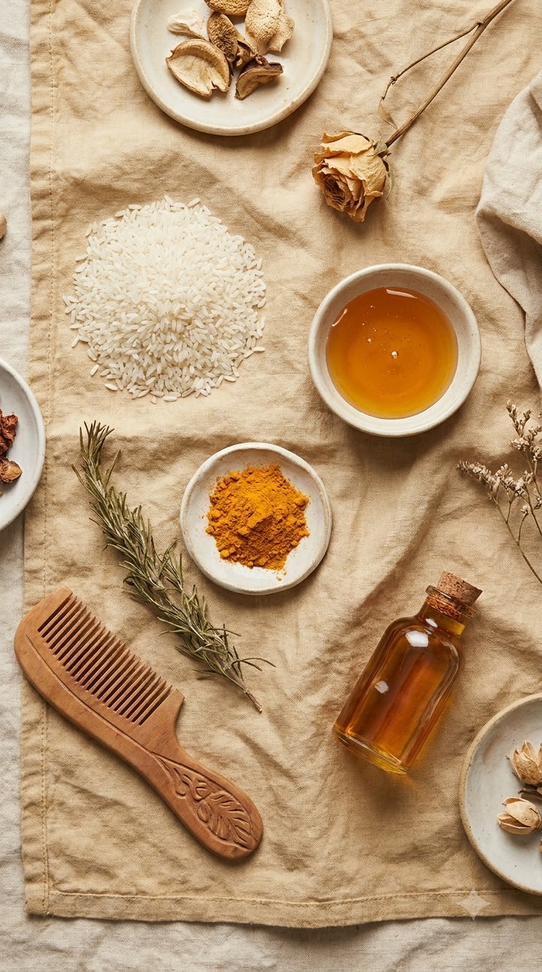 Artisanal flatlay of raw ingredients: rice, raw honey, wooden comb, dried herbs, and cold-pressed oils on linen parchment