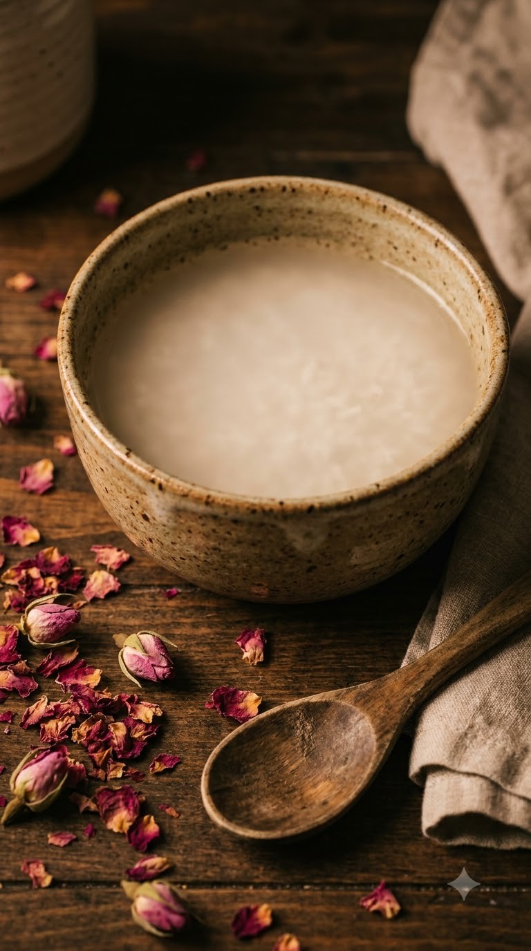 Rice water ritual bowl with dried rose petals