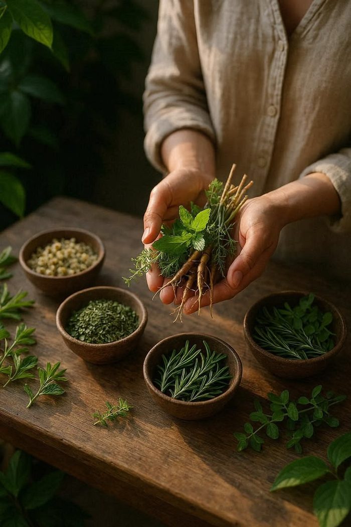 Hands gathering fresh herbs for a ritual